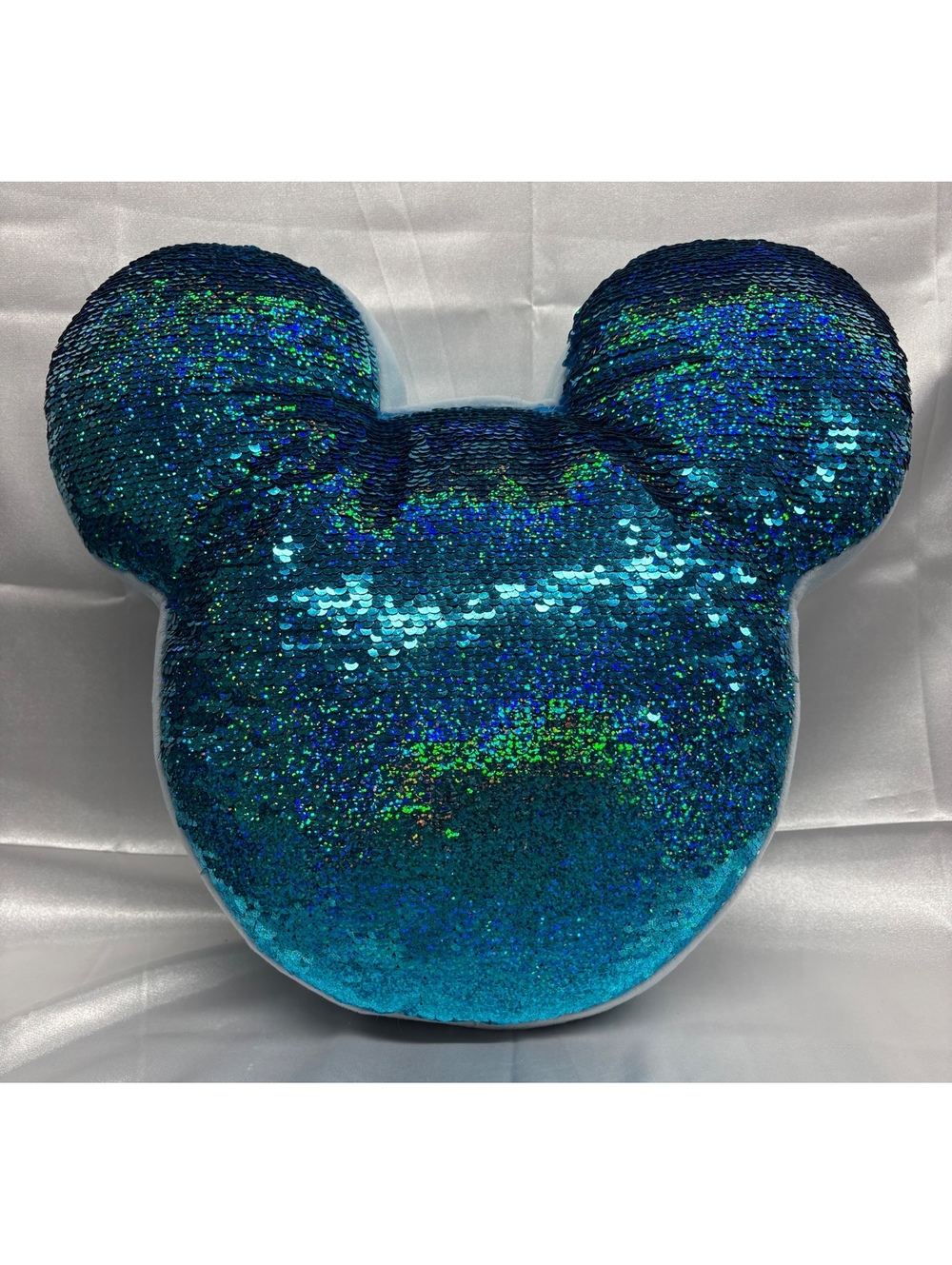 Disney Parks Mickey Mouse Arendelle Aqua Reversible Sequin Plush Pillow EUC